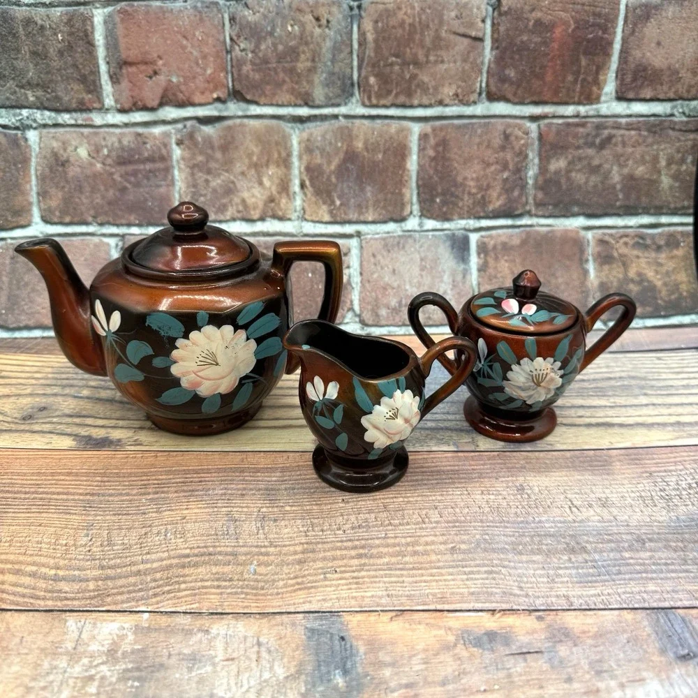 Vintage Japanese Moriage Redware Tea Set Floral‎ 1940s Pottery Pot Creamer Sugar